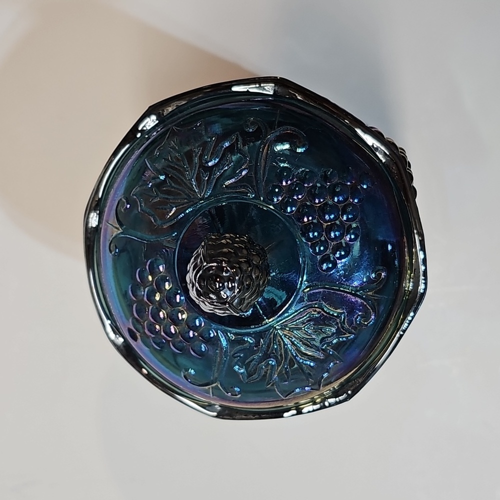 Vintage Indiana Glass Blue Carnival Glass "Harvest Grape" Jar Canister w/ Lid - Picture 9 of 16